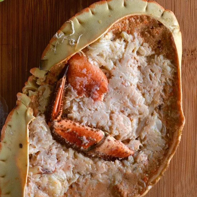 crab shell filled with white and brown crab meat and a crab claw