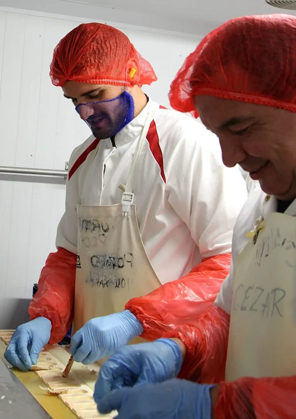 Two male Central Sea Crab factory workers hand-picking meat from crab claws